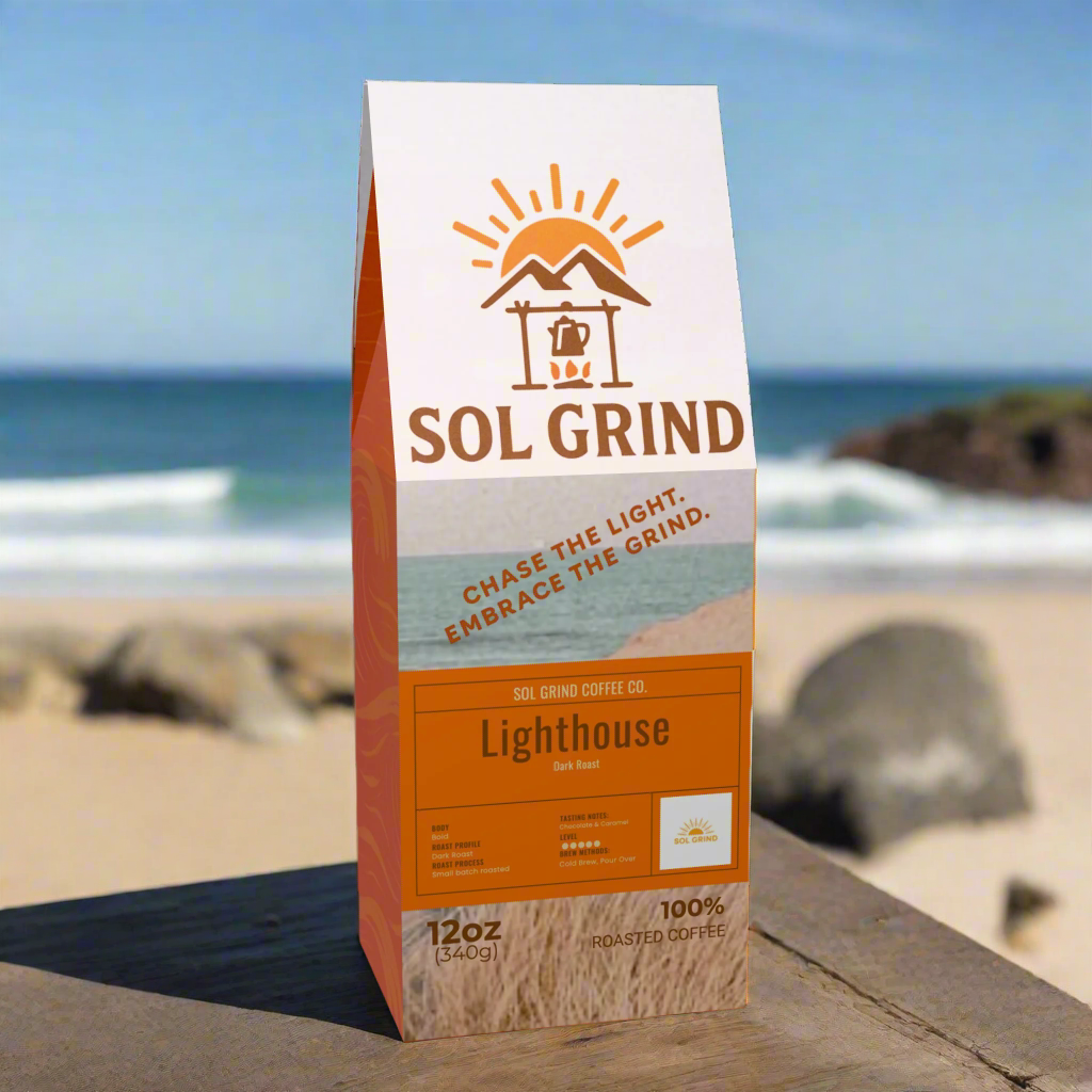 Sol Grind coffee bag with branding and product details on a white background